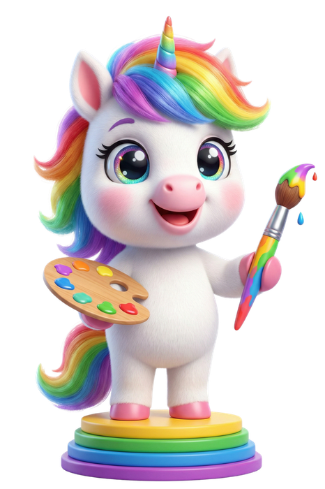 Boyama Oyunu maskot unicorn fırça ve palet tutuyor
